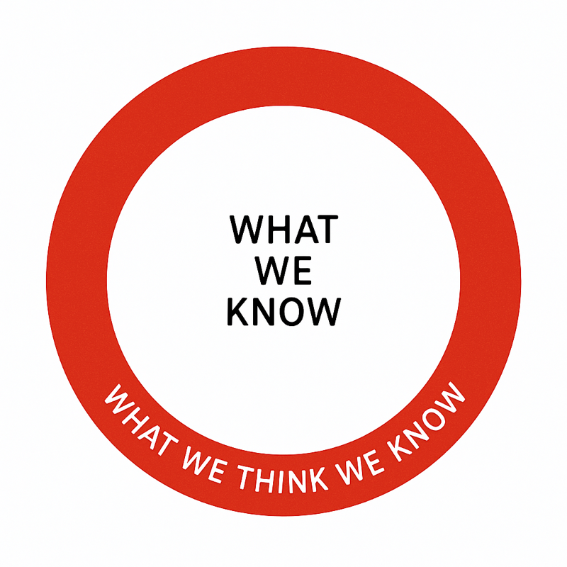 A red ring labeled What We Think We Know surrounding a smaller center labeled What We Know.