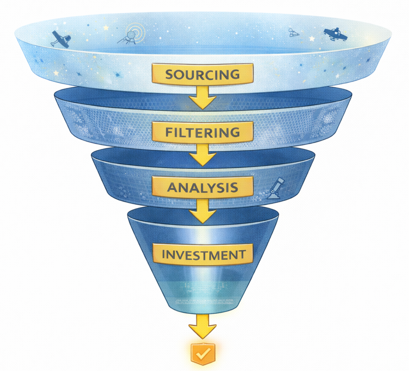 A funnel diagram narrowing from Sourcing to Filtering to Analysis to Investment.