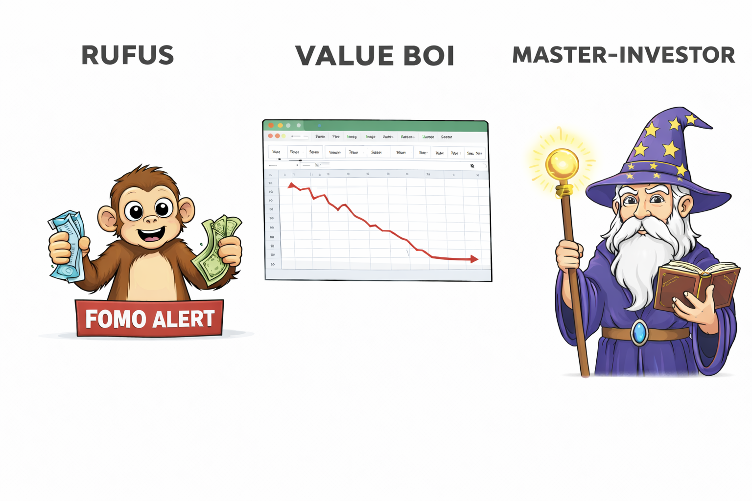 Three investor archetypes: Rufus chasing FOMO alerts, Value Boi staring at a falling spreadsheet, and the Master-Investor.