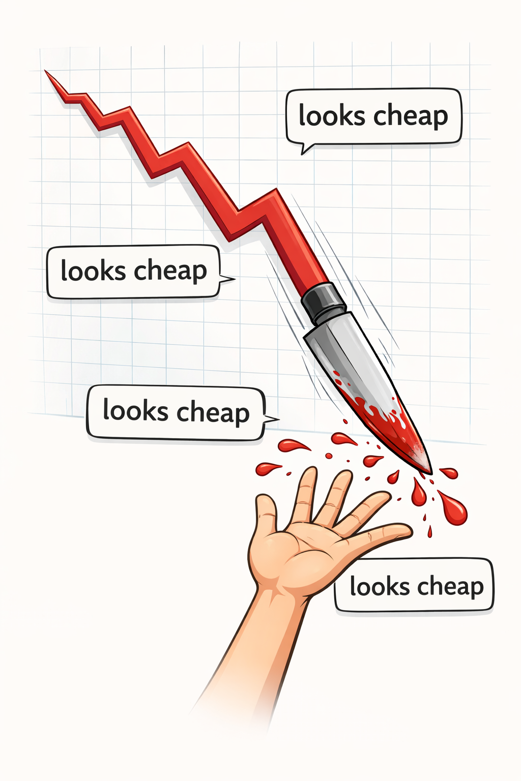 A falling stock chart shaped like a knife, with speech bubbles repeating "looks cheap" on the way down.