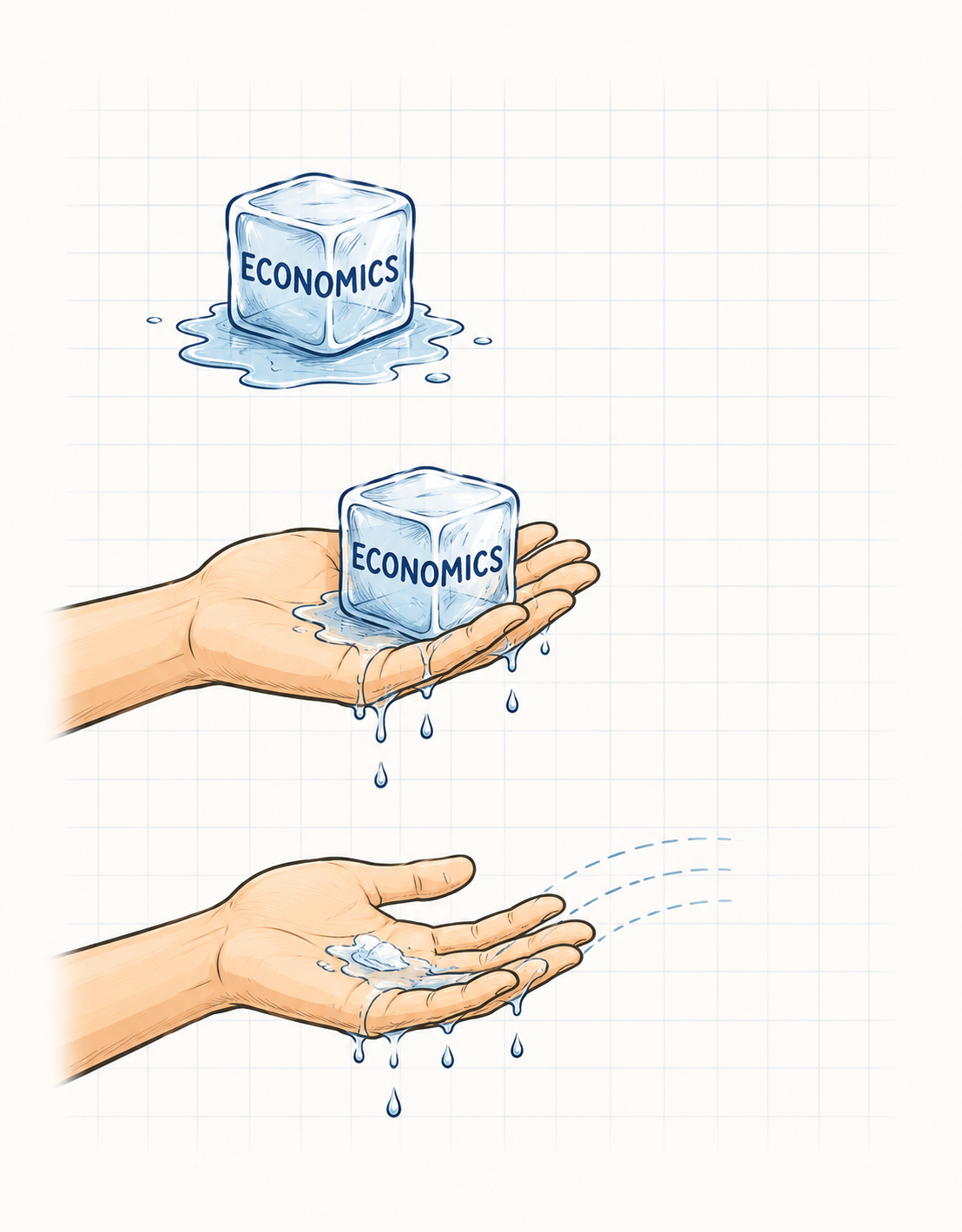 An ice cube labeled Economics melting away in a hand, then gone entirely.