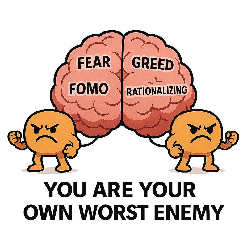 A cartoon brain split into fear, FOMO, greed, and rationalizing, with two figures squaring off against each other.